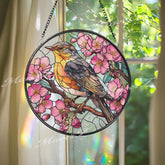 Songbird Stained Glass Suncatcher, Round Yellow Bird Window Panel with Pink Cherry Blossoms, Nature Floral Home Decor Gift